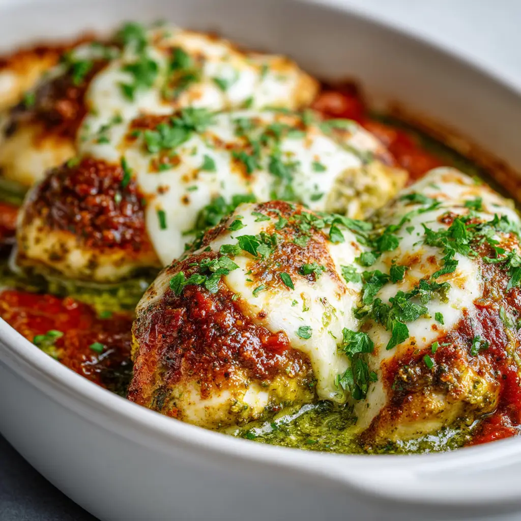 Baked Pesto Mozzarella Chicken (The Easiest, Juiciest Recipe!) 1 Step-by-step image showing chicken breasts in a baking dish topped with pesto and slices of fresh mozzarella before baking.