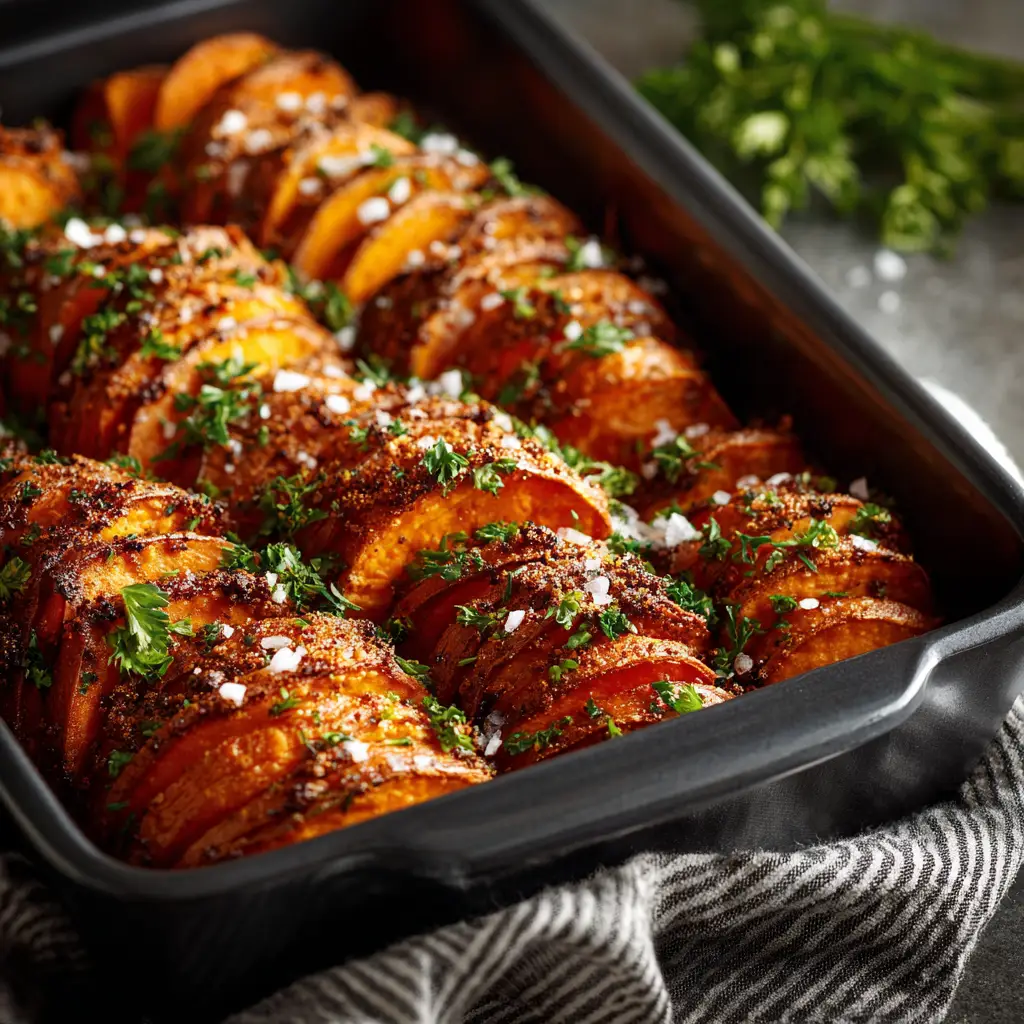Seasoned sweet potato cubes spread on a baking sheet before roasting. This shows the preparation step for making crispy sweet potatoes.