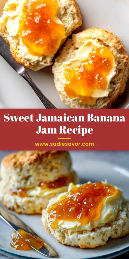 Jamaican Banana Jam Recipe: A Taste of the Tropics 3 A jar of homemade Jamaican banana jam recipe, showing its rich brown color and thick texture, with a spoon resting on the side and fresh bananas in the background.