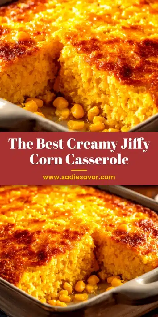 A golden-brown baked Jiffy corn casserole in a white baking dish, ready to be served as a delicious side dish.