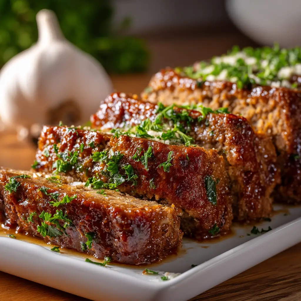 Garlic Parmesan Meatloaf: The Ultimate Comfort Food Recipe 2 Thick, juicy slices of homemade garlic parmesan meatloaf arranged on a serving platter. The texture is visibly moist and packed with flavor.