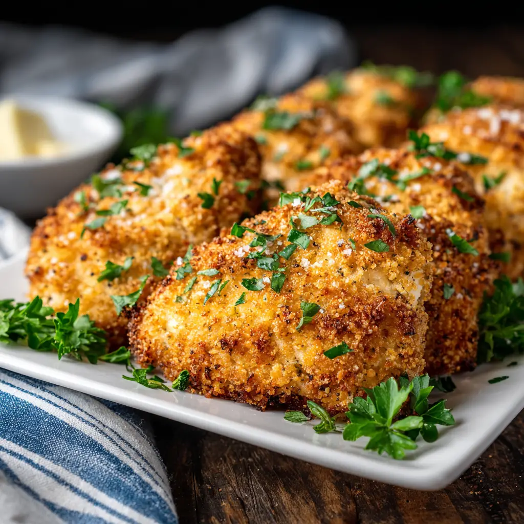 A slice of juicy Ritz Cracker Chicken on a fork, showing the moist interior and the thick, crispy exterior coating. Highlights the perfect texture.