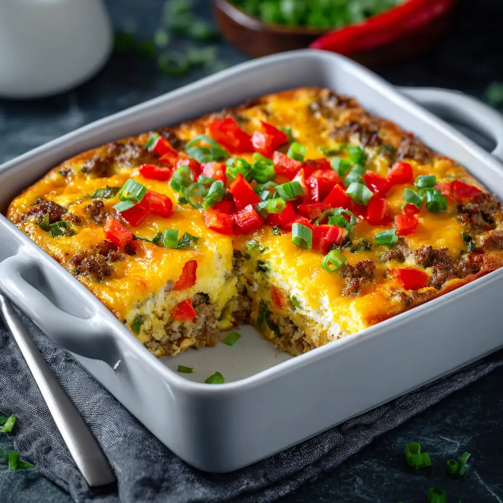A full 9x13 baking dish of savory low carb breakfast casserole, fresh out of the oven with a golden, bubbly cheese topping.