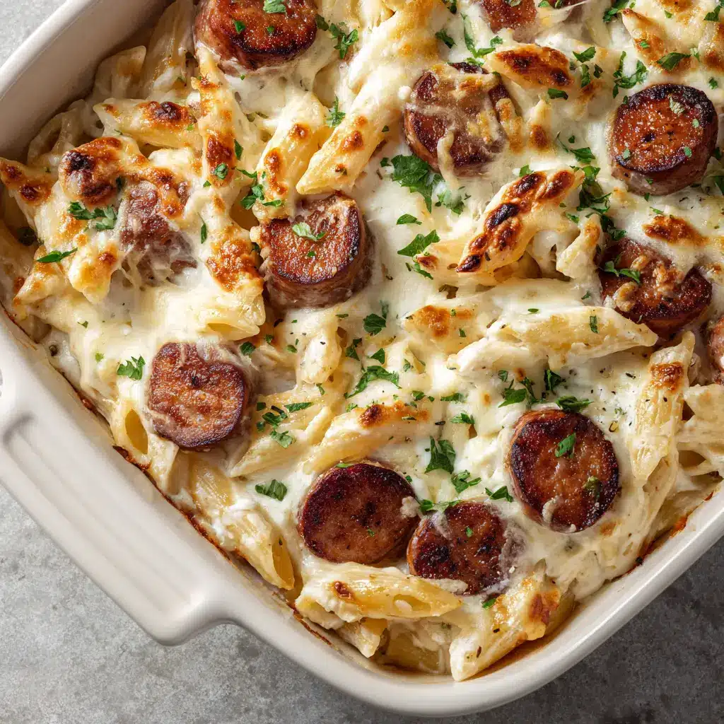 The ingredients for Kielbasa Alfredo Bake laid out, including penne pasta, a link of kielbasa, a jar of alfredo sauce, and blocks of mozzarella and parmesan cheese.