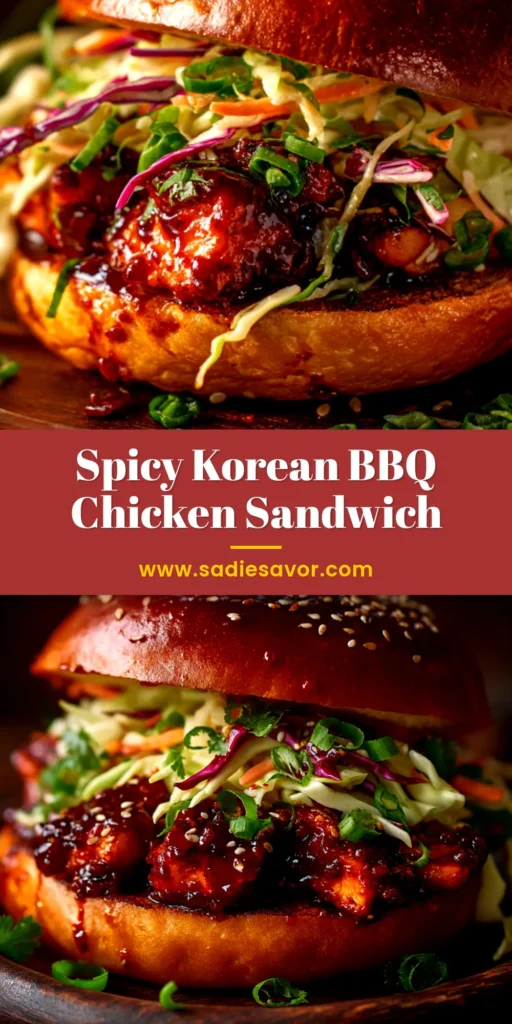 Korean BBQ Chicken Sandwich: The Ultimate Recipe 3 A fully assembled Korean BBQ chicken sandwich on a toasted brioche bun, featuring glazed gochujang chicken and a crisp pickled slaw.