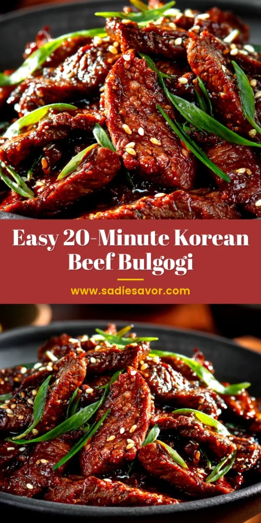 A delicious platter of authentic Korean Beef Bulgogi, garnished with sesame seeds and green onions, ready to be served. This easy recipe is perfect for a flavorful weeknight dinner.