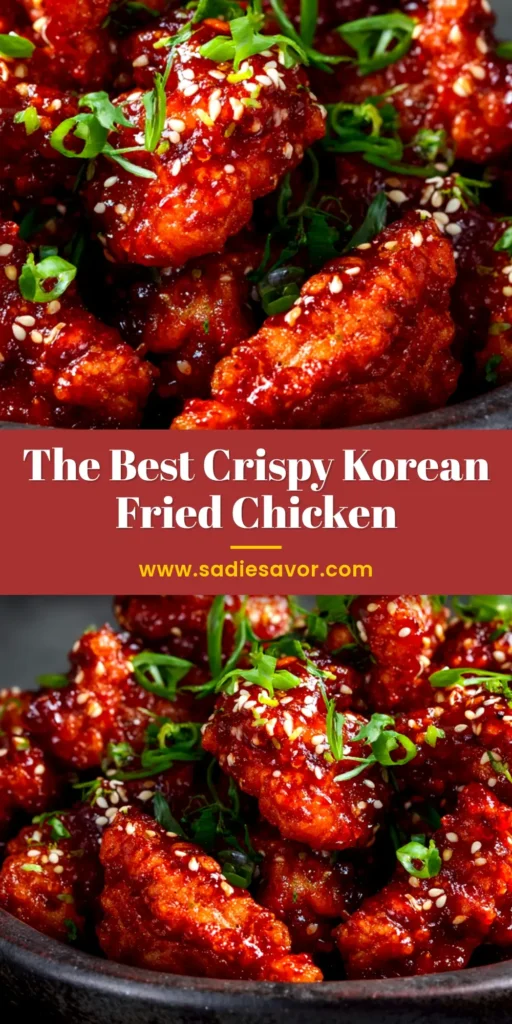 A sharable pin image showing a platter of crispy Korean Fried Chicken coated in a glossy red sauce, with text overlay for 'The Best Korean Fried Chicken Recipe'.