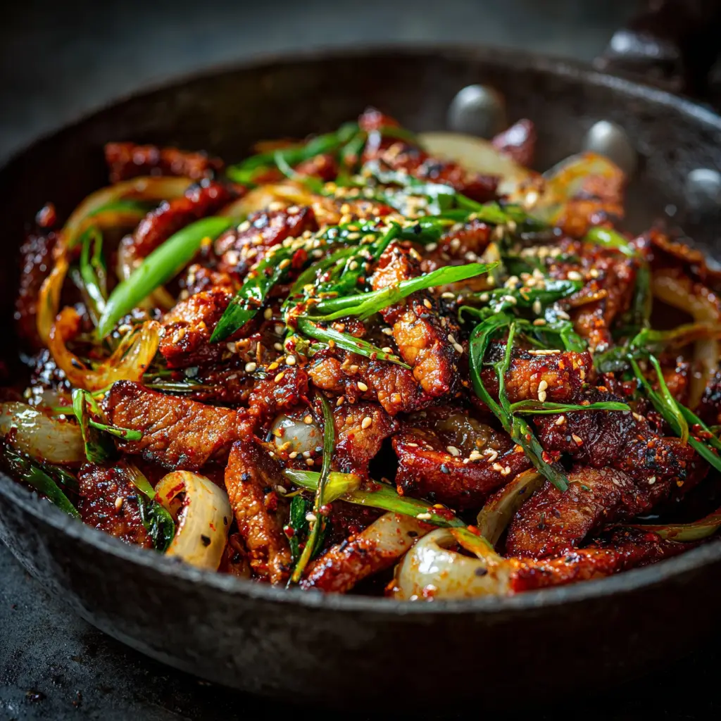 An extreme close-up shot of Korean Spicy Pork Stir Fry, showcasing the texture of the caramelized gochujang sauce on the thinly sliced pork.