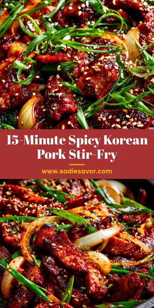A top-down view of a vibrant Korean Spicy Pork Stir Fry in a dark bowl, ready to be served. The Jeyuk Bokkeum is garnished with fresh scallions and sesame seeds.
