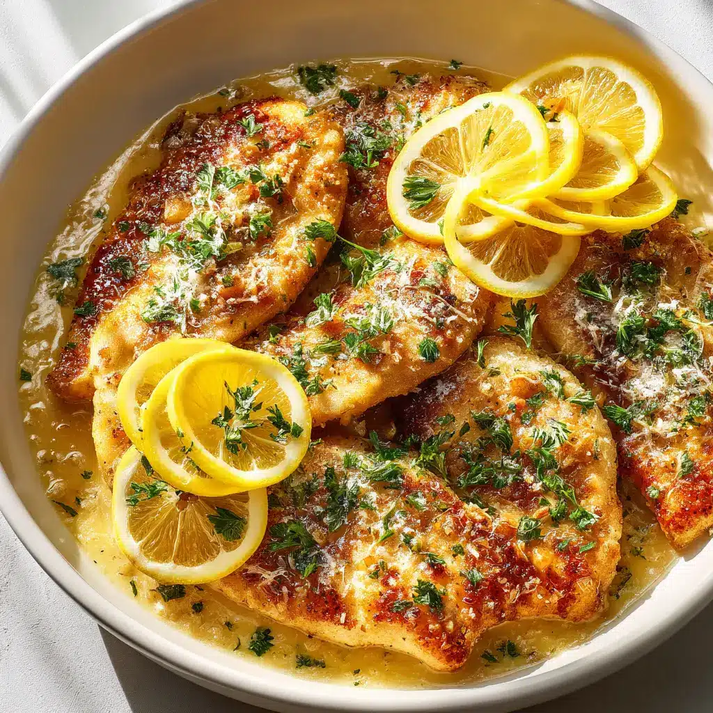 A plate of finished Lemon Chicken Romano, garnished with fresh parsley and lemon slices, ready to be served over pasta.