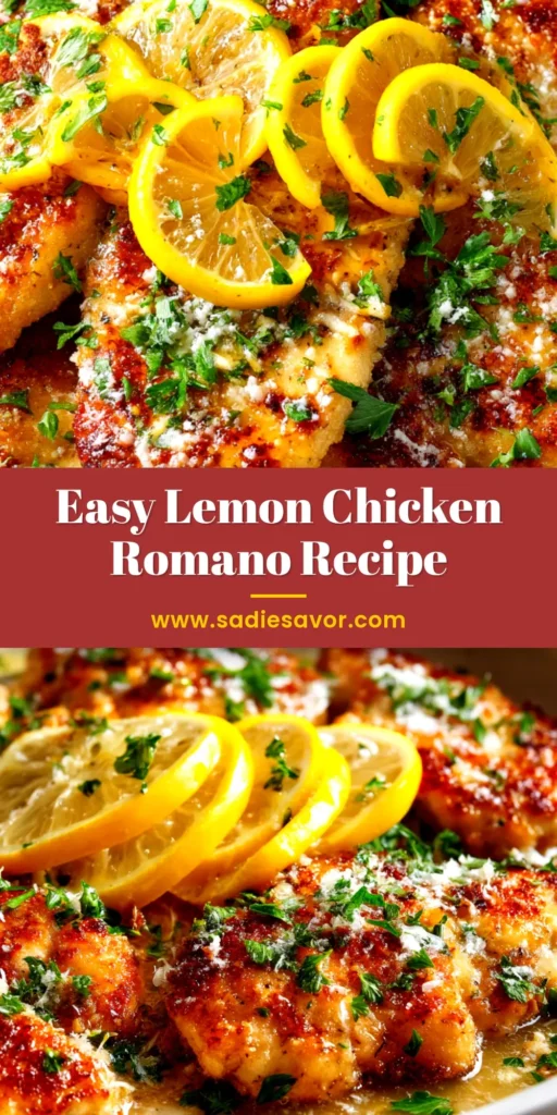 A close-up of golden-brown crispy chicken cutlets for the Lemon Chicken Romano Recipe, served on a white plate with a zesty lemon butter sauce and fresh parsley.