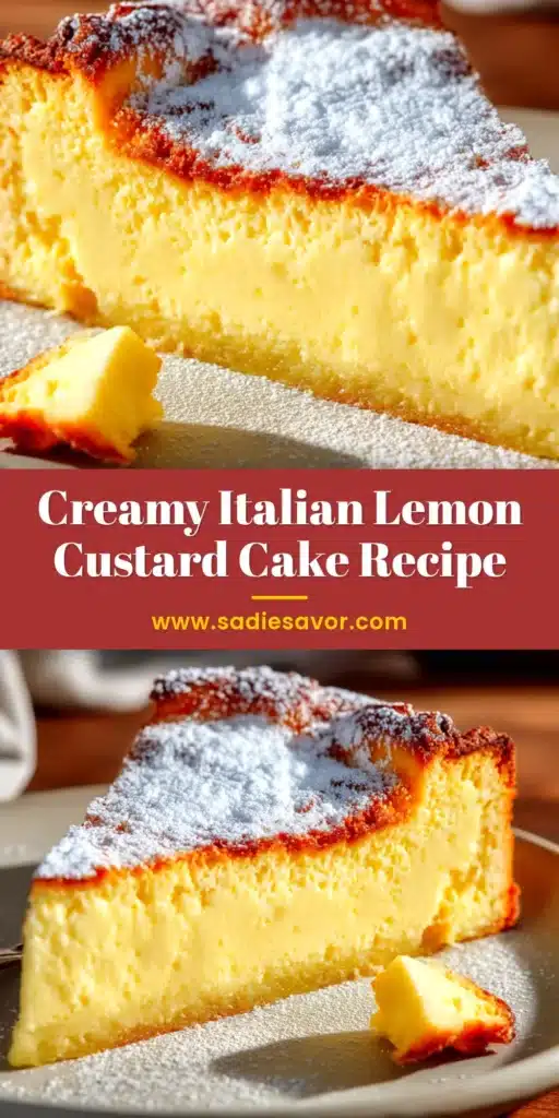 An overhead shot of a square lemon custard cake dusted with powdered sugar, with one slice removed to show the two distinct layers of cake and creamy custard.