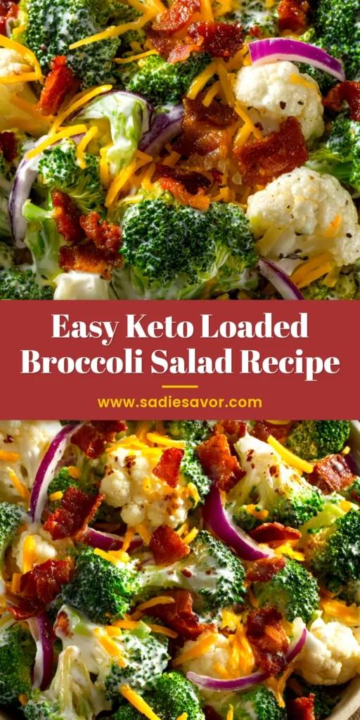 A large white bowl filled with creamy Loaded Broccoli Salad, topped with crumbled bacon and cheese. The perfect potluck side dish recipe.