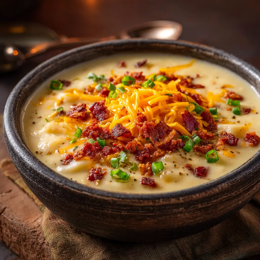 Crock Pot Potato Soup (The Creamiest, Easiest Recipe!) 1 A delicious bowl of the finished Crock Pot potato soup, generously garnished with cheese and bacon, ready to eat.