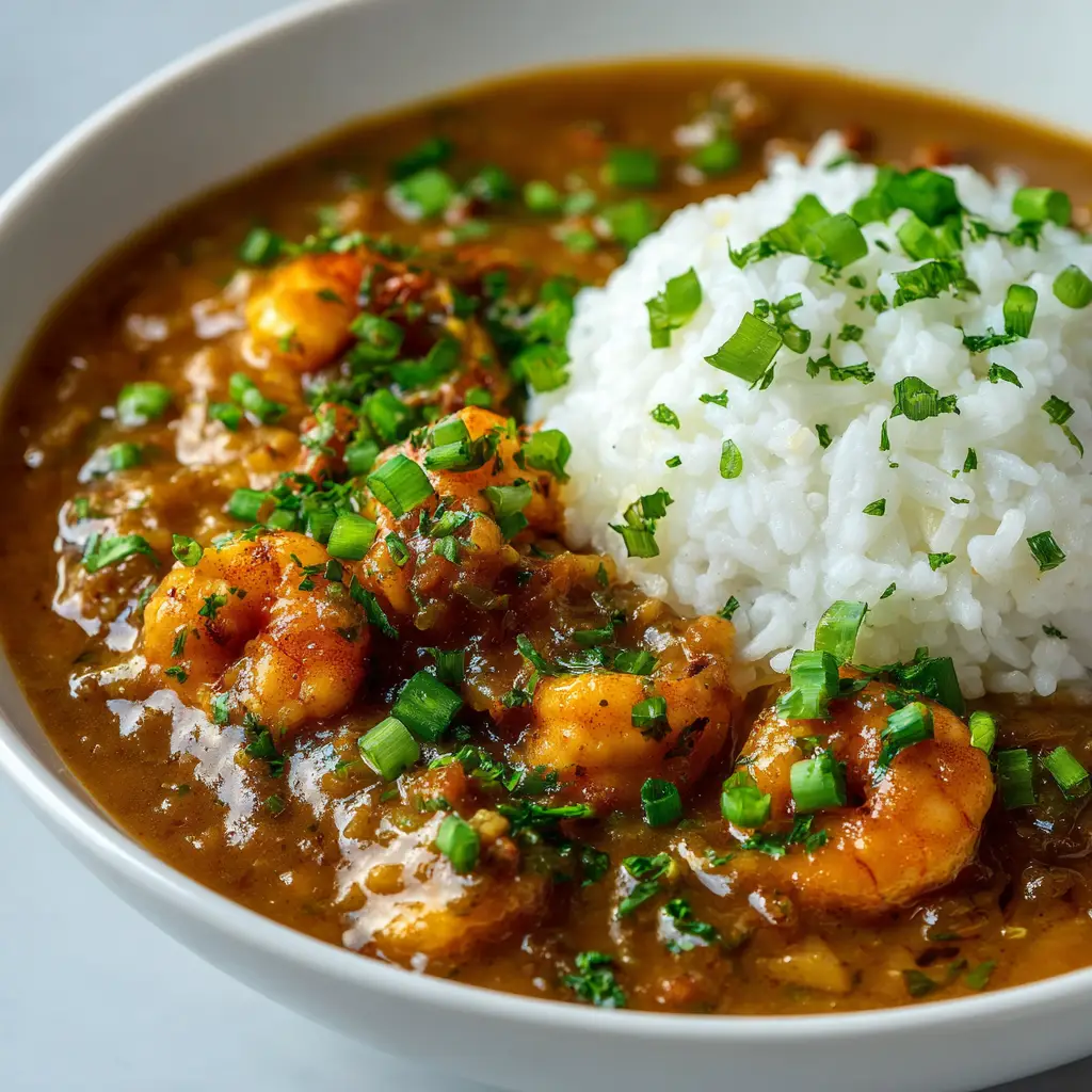 A beautiful serving of Louisiana-style crawfish etouffee over rice, showing the complete dish ready to be eaten.