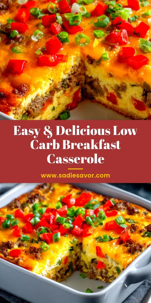 A delicious slice of low carb breakfast casserole on a white plate, showcasing the cheesy sausage and egg layers. Perfect for a keto-friendly breakfast meal prep.