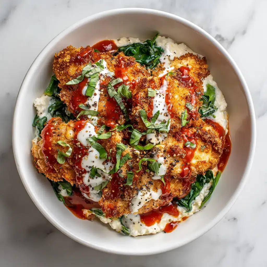 High-Protein Chicken Parm Cottage Cheese Bowl 1 A close-up shot of the chicken and marinara topping on the low-carb chicken parm bowl, showing the melted cheese.