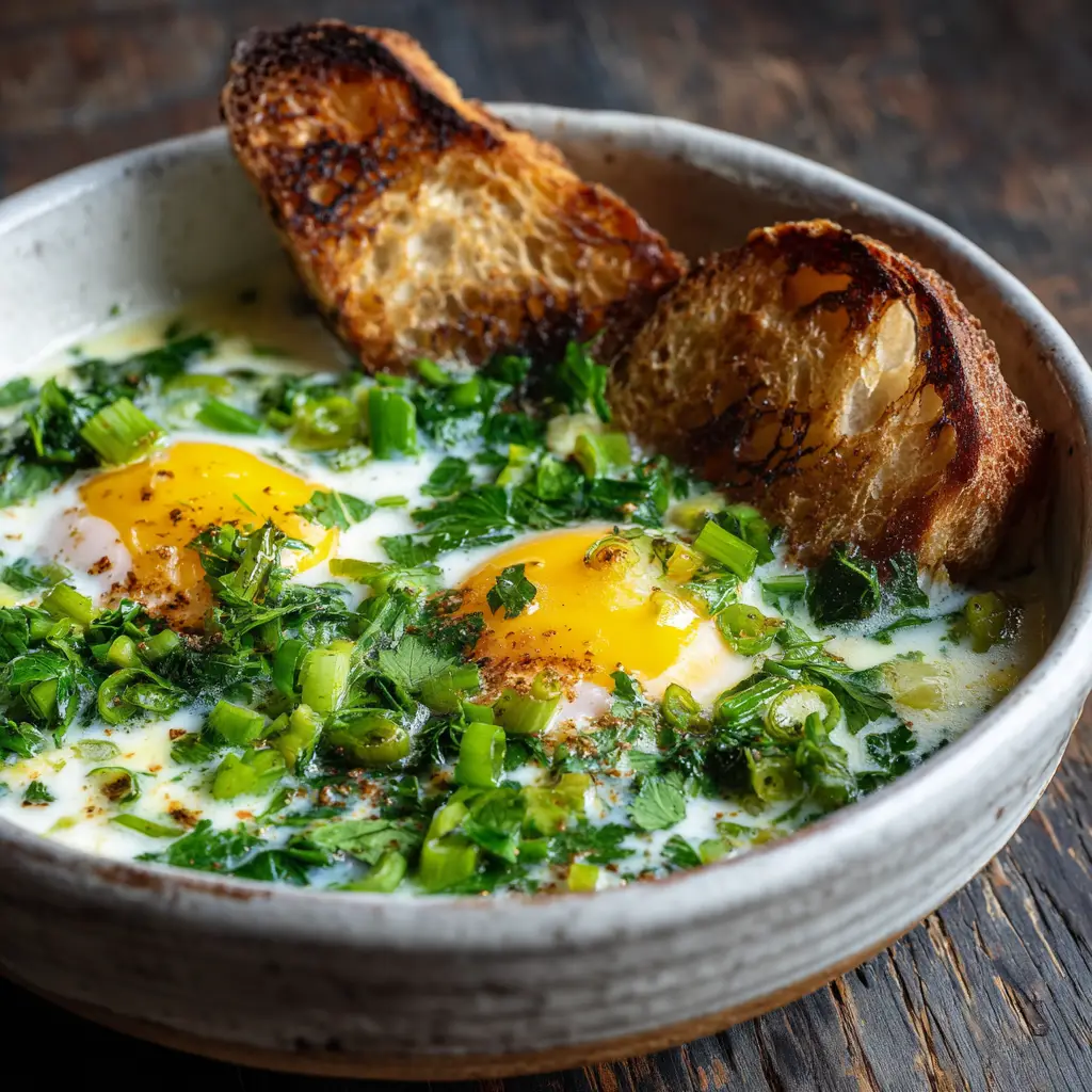 Step-by-step preparation of Changua, showing the eggs poaching gently in the simmering milk broth with scallions.