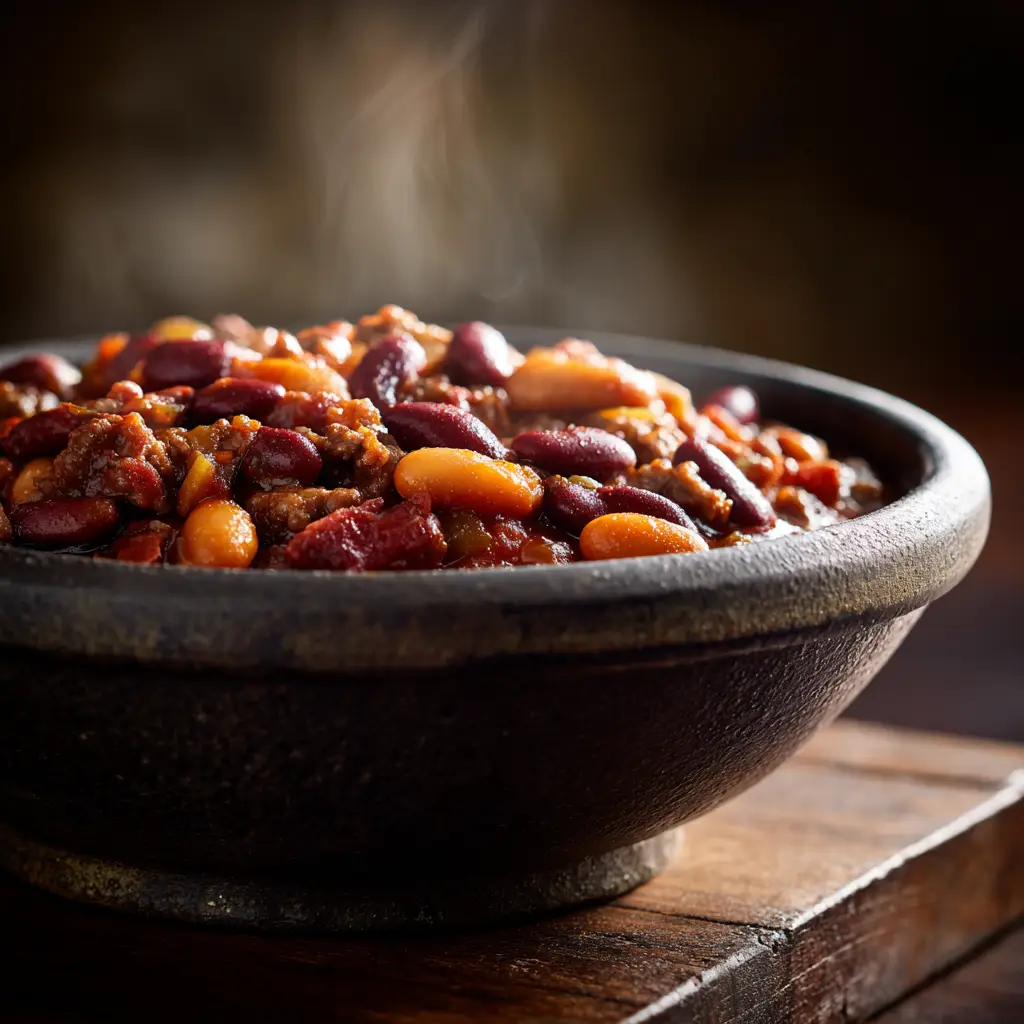 The ingredients for Crock Pot Calico Beans being combined in a slow cooker before cooking, showing the layers of beans, meat, and sauce.