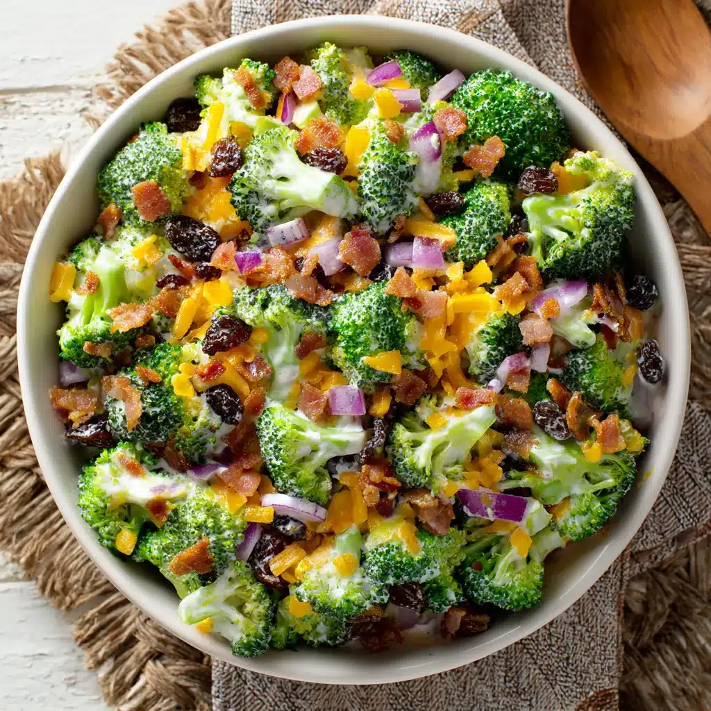 A bowl of easy broccoli salad being tossed with a creamy dressing, showing the fresh ingredients before they are fully mixed.