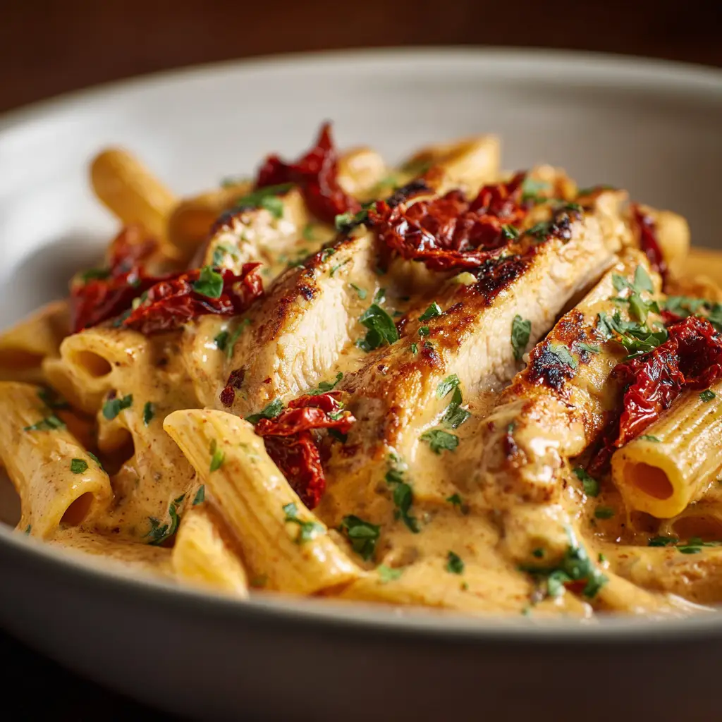 A skillet filled with the finished Marry Me Chicken Pasta, with a wooden spoon stirring the dish. The sauce is bubbling slightly, showing its creamy consistency and coating the chicken and pasta.