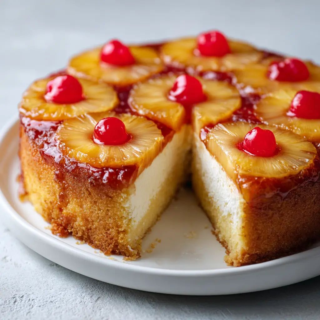 The creamy cheesecake filling being poured into the springform pan over the arranged pineapples and cherries.