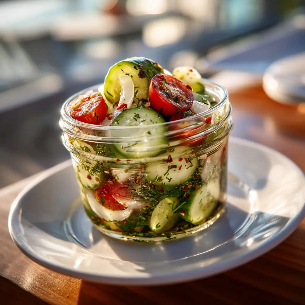 A close-up overhead shot of a marinated cucumber tomato salad, with olive oil and herbs dressing the colorful vegetables.