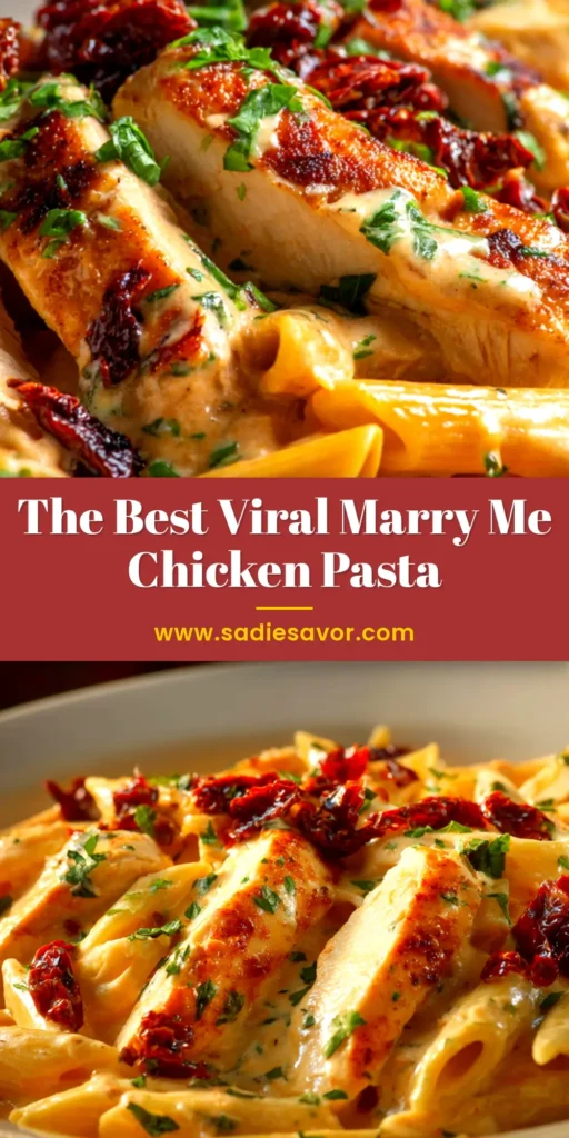 A close-up overhead shot of a white bowl filled with creamy Marry Me Chicken Pasta, garnished with fresh basil leaves. The pasta is coated in a rich, orange-tinted sun-dried tomato cream sauce with pieces of golden chicken.