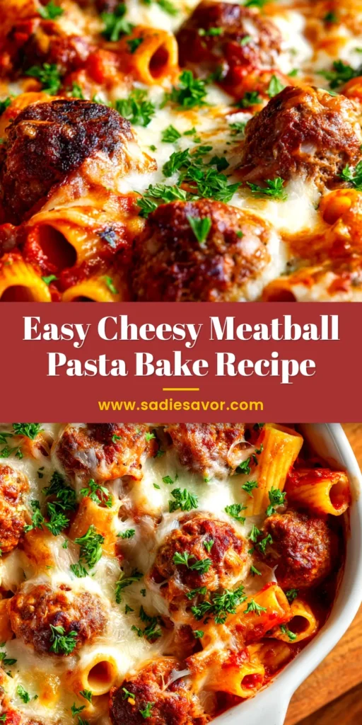 A delicious and cheesy Meatball Pasta Bake in a white baking dish, ready to be served. The perfect weeknight dinner idea.