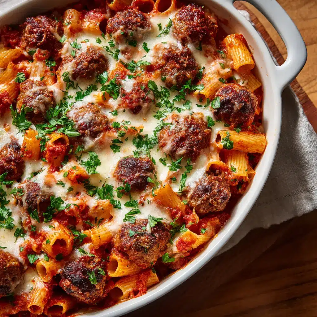 A scoop of the baked ziti with meatballs on a white plate, garnished with fresh parsley for a pop of color.