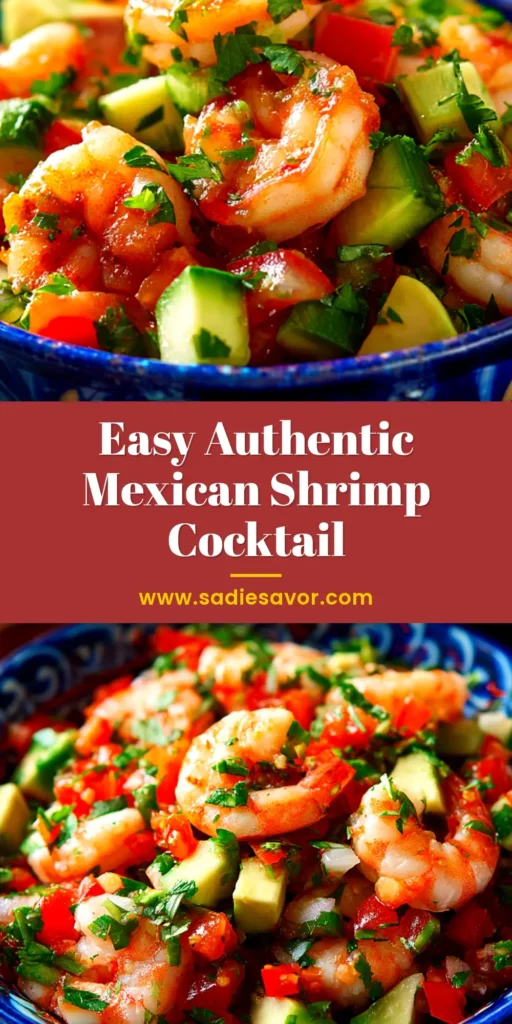 An overhead shot of authentic Mexican Shrimp Cocktail Recipe (Coctel de Camarones) served in a large glass with avocado, lime, and tortilla chips on the side.