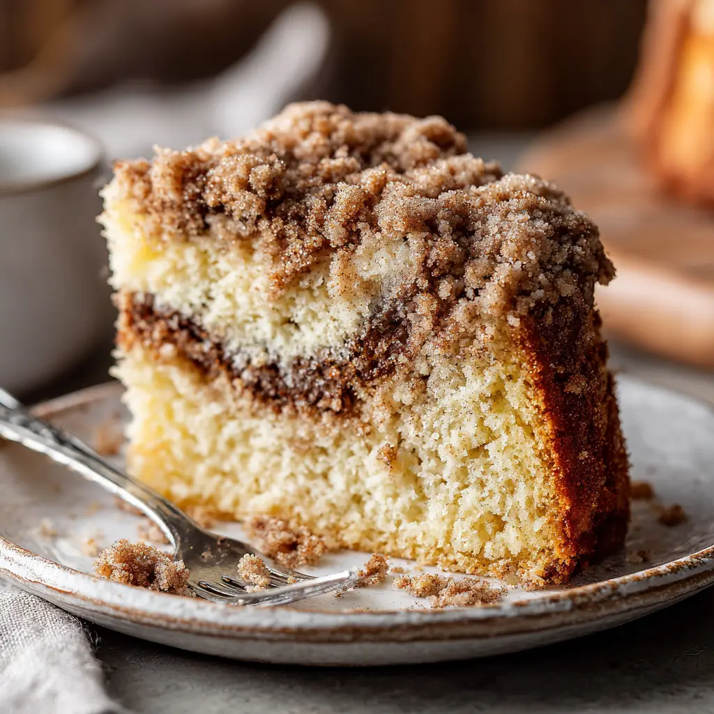 Cinnamon Streusel Coffee Cake (The Only Recipe You'll Need) 2 A close-up shot of a generous slice of moist coffee cake with a thick cinnamon crumble topping, highlighting the cake's tender texture.