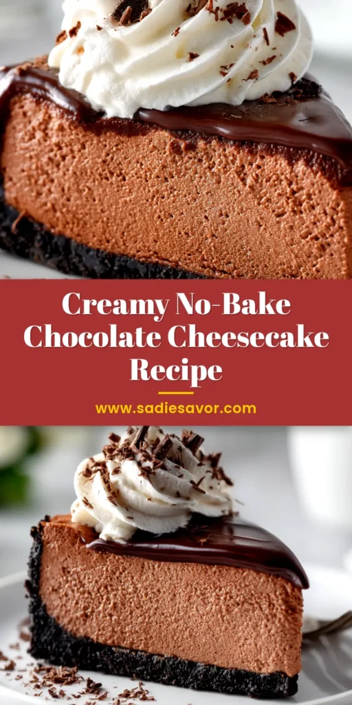 A stunning overhead shot of a whole No-Bake Chocolate Cheesecake on a serving platter, ready to be sliced and served.