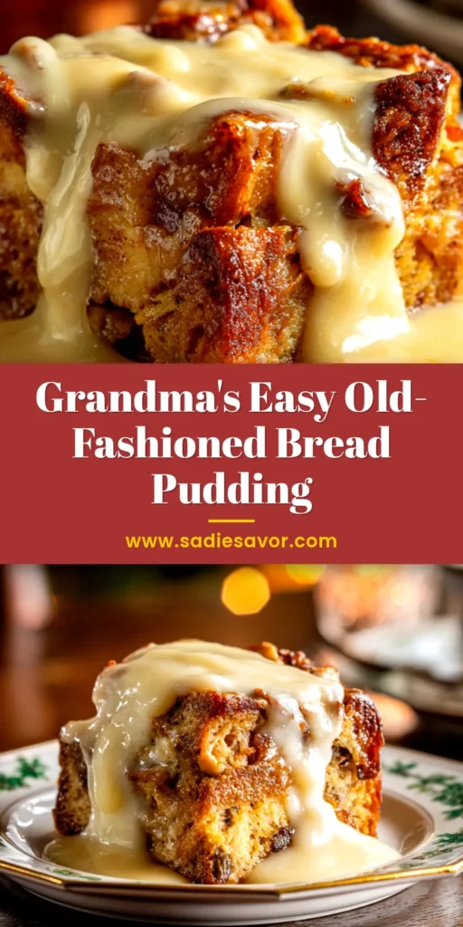A delicious slice of Old-Fashioned Bread Pudding on a white plate, generously drizzled with a creamy vanilla sauce. A perfect classic dessert recipe.