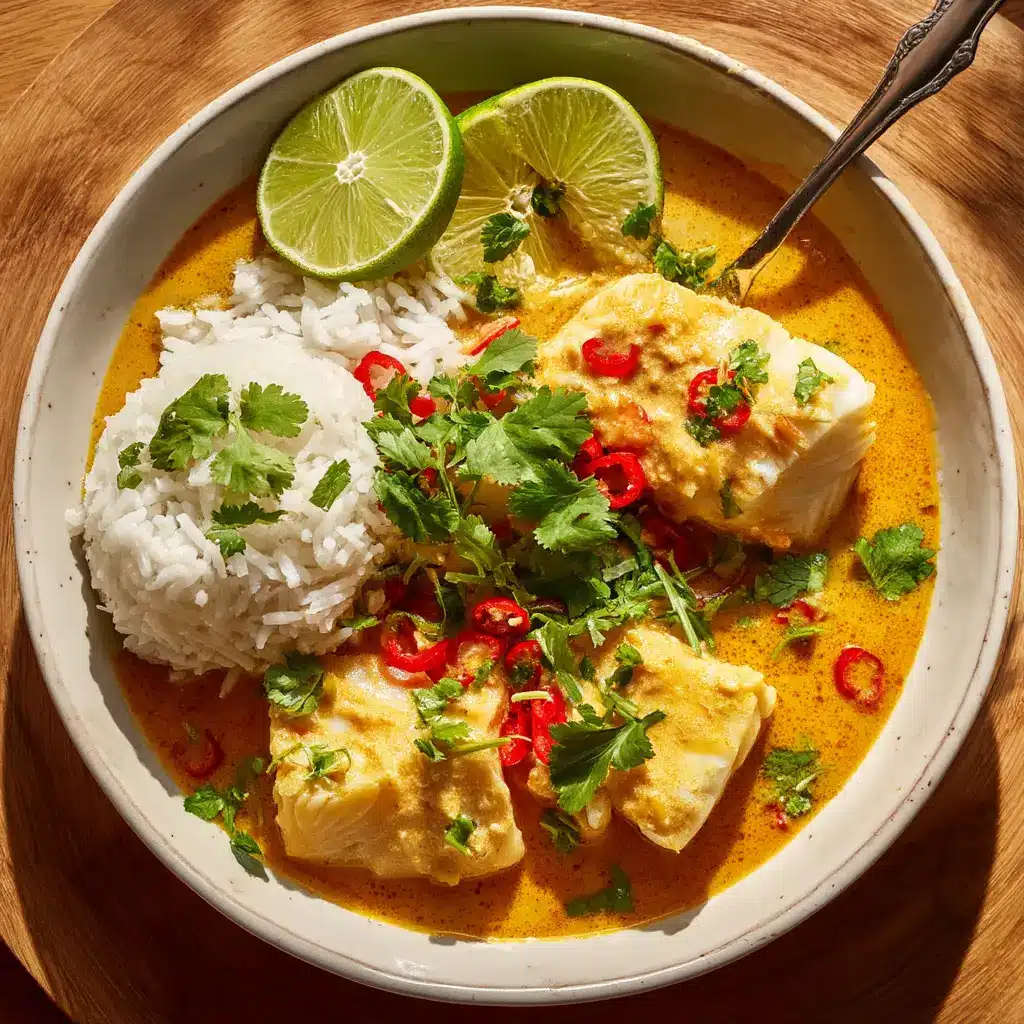 A wider angle of the coconut lime fish curry, showing the skillet in the background along with ingredients like lime and cilantro.