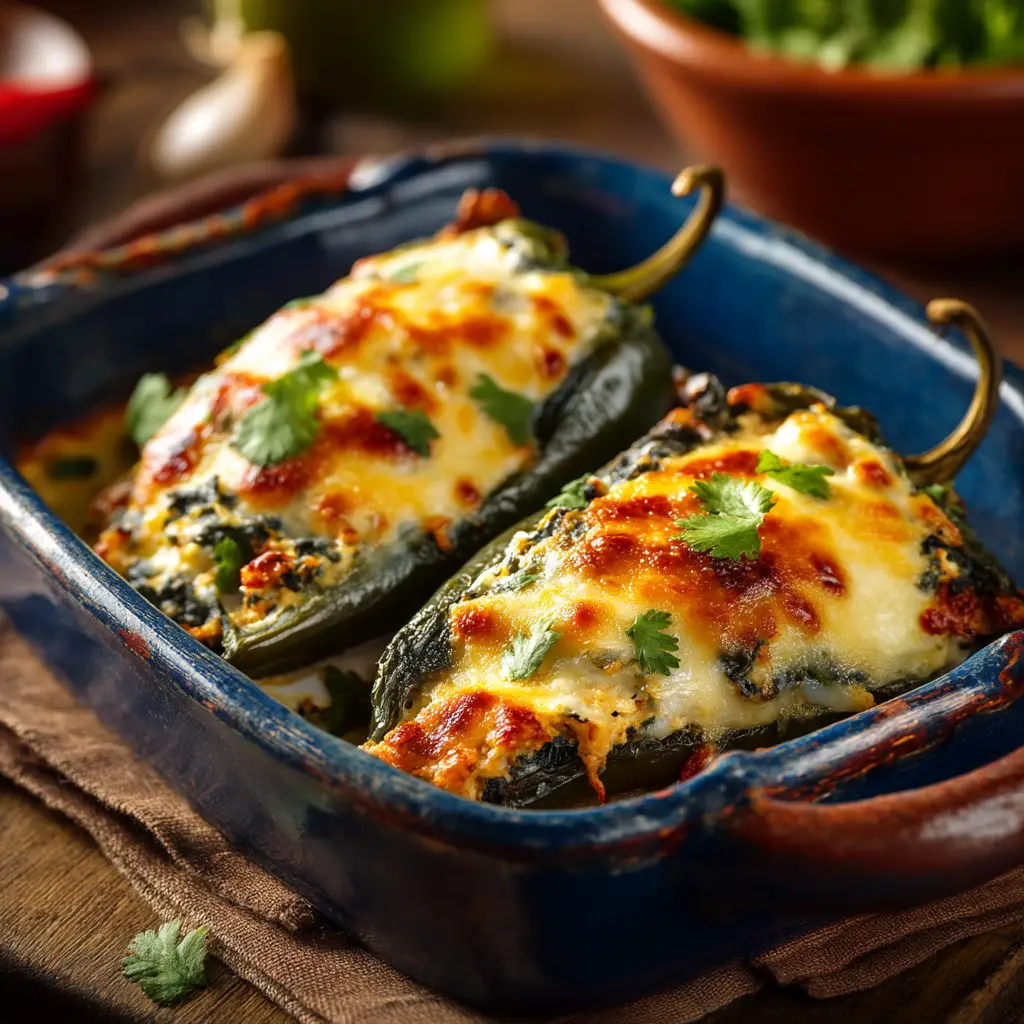 Baked Chili Rellenos fresh out of the oven in a rustic baking dish, ready to be served.