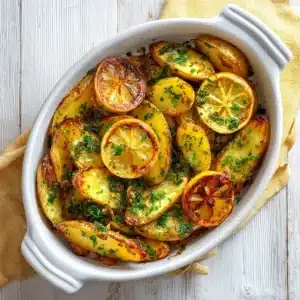 A close-up shot of golden-brown roasted Greek potatoes in a rustic bowl, highlighting their crispy texture and fresh herb garnish.