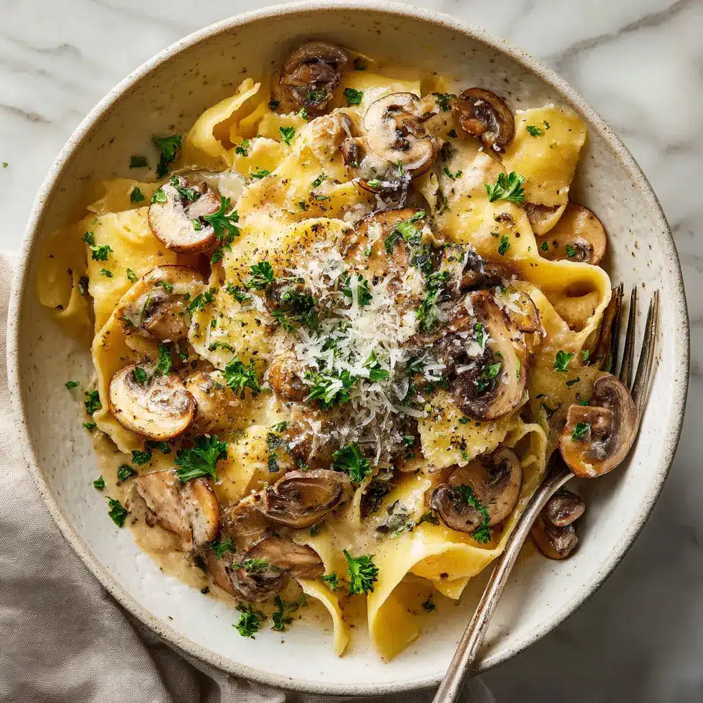 A beautiful serving of pappardelle with mushroom sauce, garnished with fresh parsley and parmesan, ready to be enjoyed as an easy weeknight dinner.