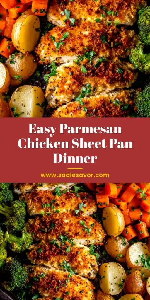 An overhead shot of a delicious Parmesan Crusted Chicken Sheet Pan Dinner, with golden brown chicken, roasted potatoes, and broccoli.