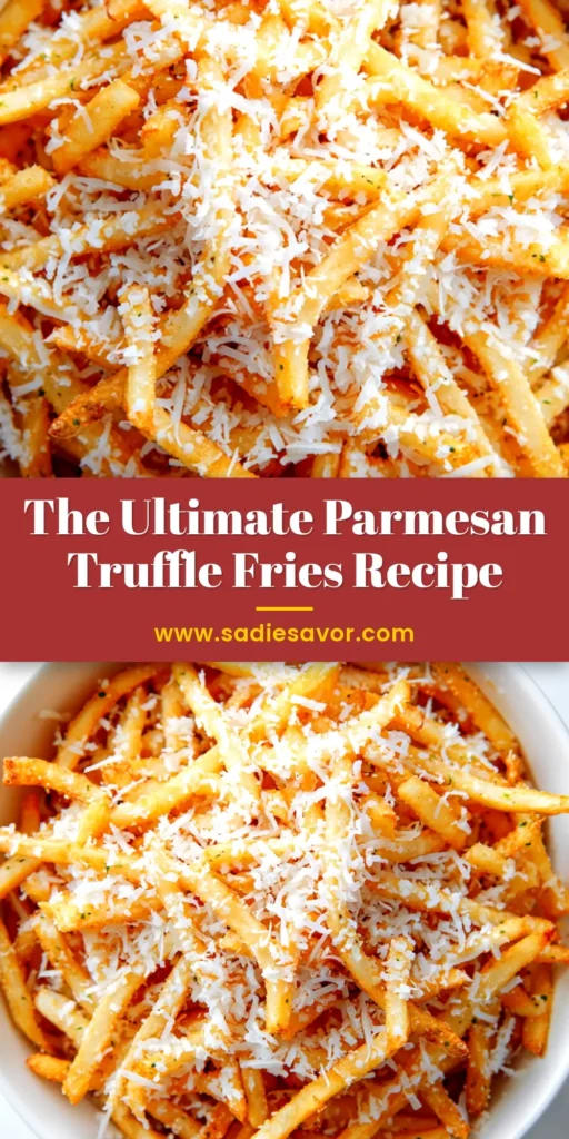 A heaping bowl of crispy Parmesan Truffle Fries, garnished with fresh parsley and extra grated Parmesan cheese.