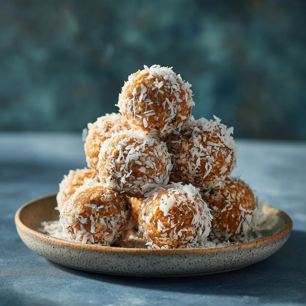 A stack of freshly made no bake protein balls ready to be chilled. The ingredients are perfectly combined for an easy snack.