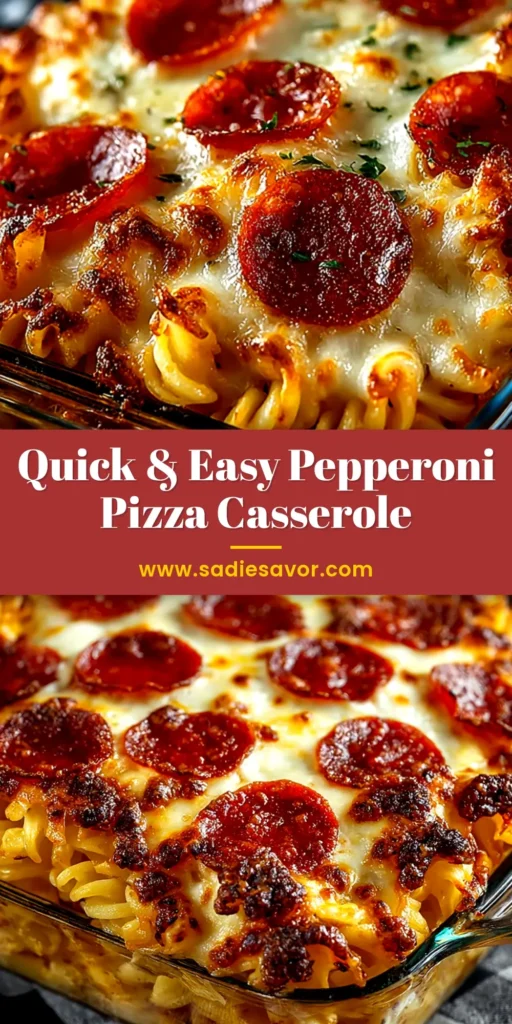 A delicious and cheesy Pepperoni Pizza Casserole in a white baking dish, ready to be served. This easy pizza pasta bake is the perfect weeknight dinner for the whole family.
