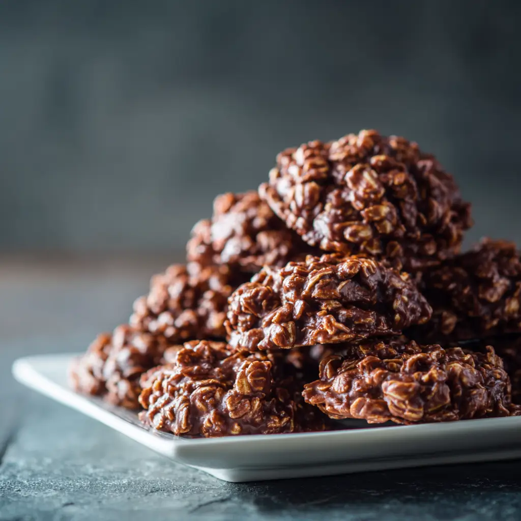 A close-up of a finished no-bake cookie showing its perfect set texture.
