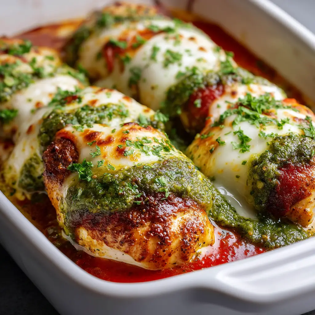 Baked Pesto Mozzarella Chicken (The Easiest, Juiciest Recipe!) 2 A beautiful shot of baked pesto mozzarella chicken served on a plate, showcasing the juicy chicken breast and melted cheese.