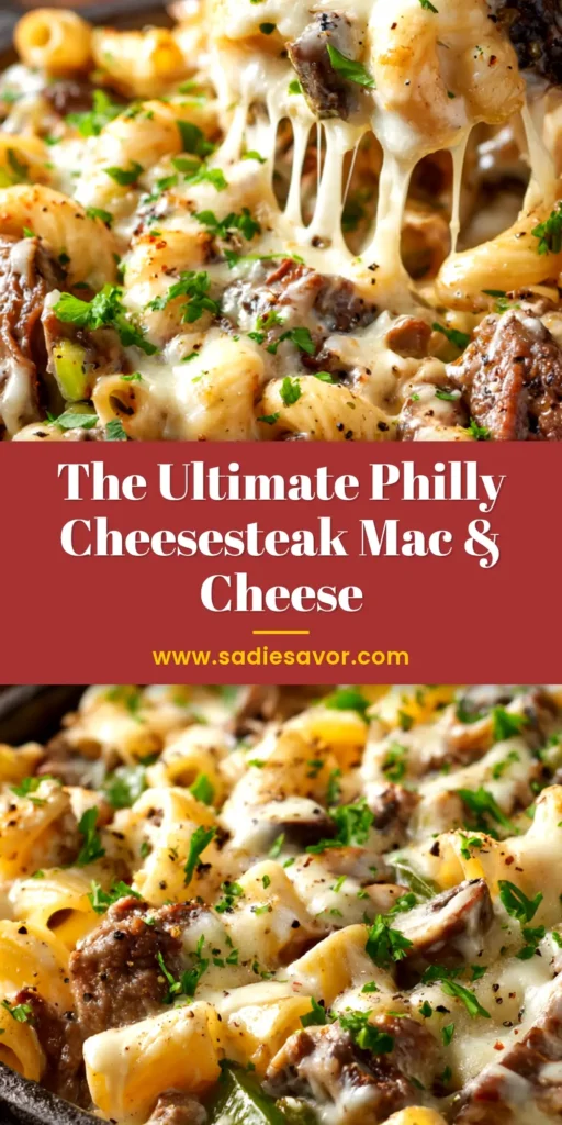A large skillet filled with creamy Philly Cheesesteak Mac and Cheese, showing tender steak, peppers, and a golden cheese sauce, ready to be served.