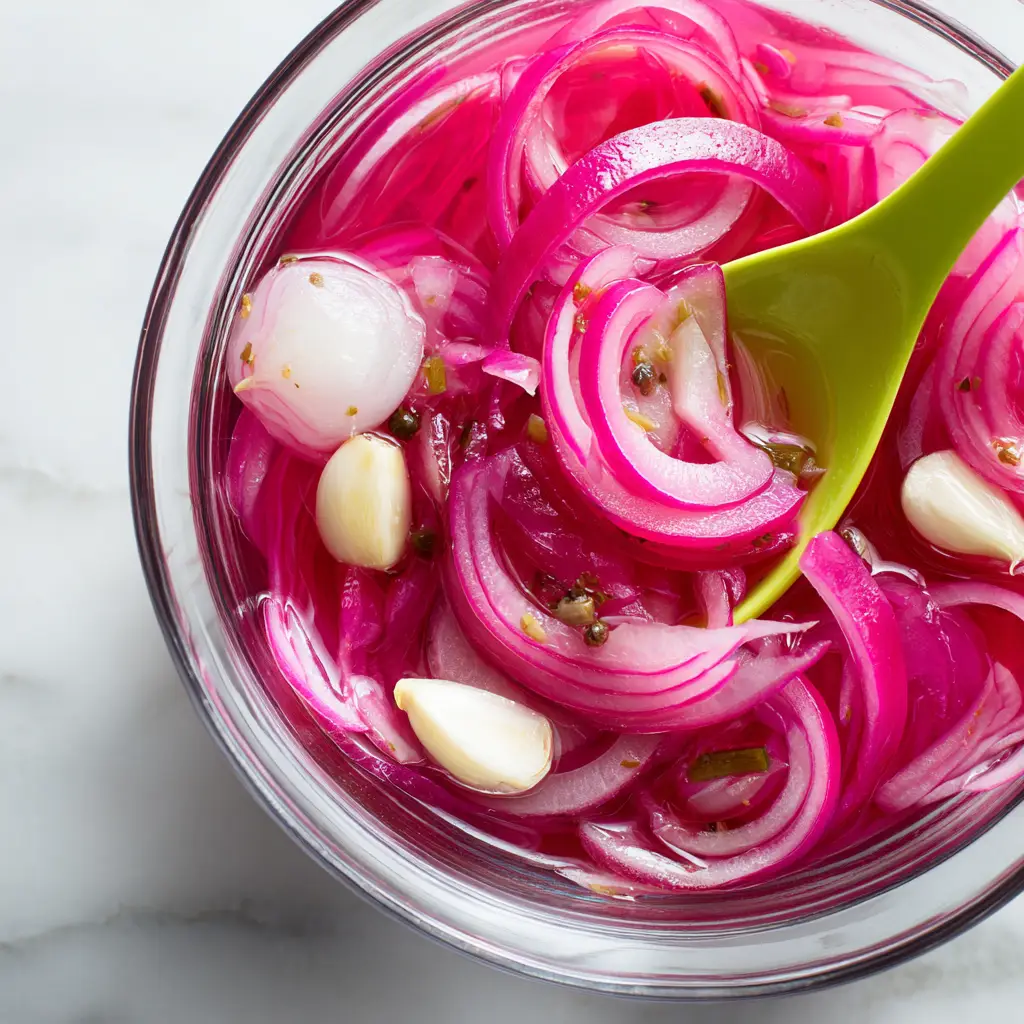 A bowl of ingredients for making pickled red onions, including a whole red onion, vinegar, and spices, next to a finished jar.