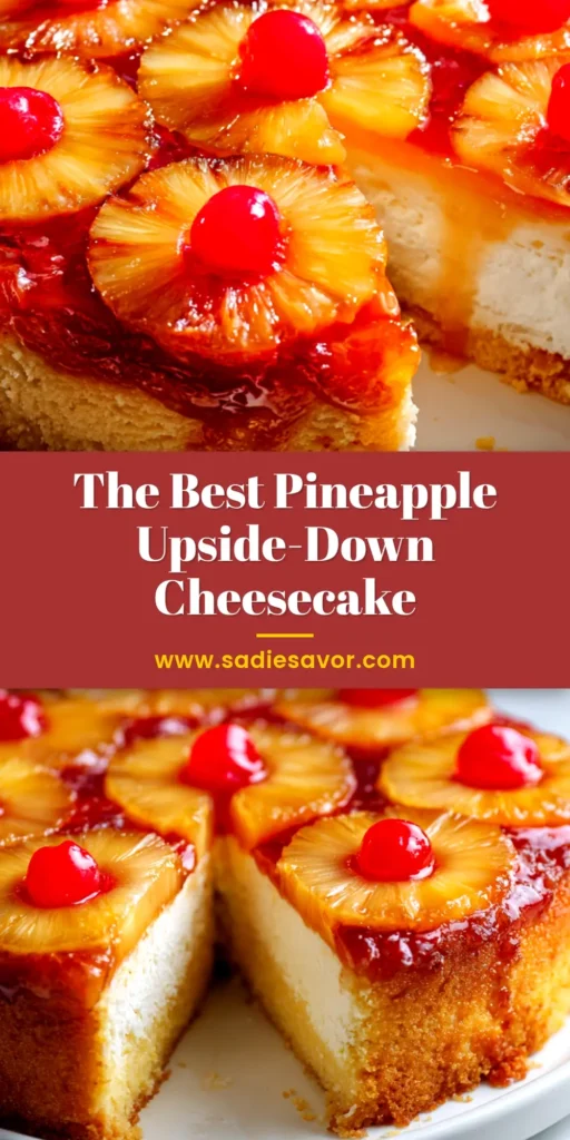 A stunning slice of Pineapple Upside-Down Cheesecake on a white plate, showing the caramelized pineapple topping, creamy filling, and graham cracker crust.
