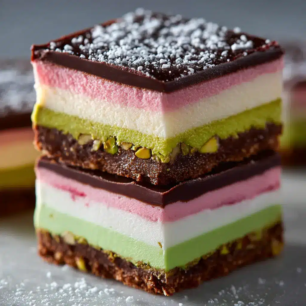 A tray of freshly sliced Spumoni Bars, illustrating how to cut them cleanly for serving. This image showcases the pistachio cherry chocolate bars ready for a party.