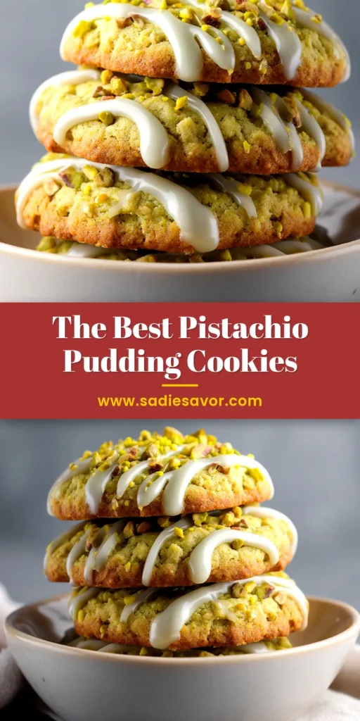 Pistachio Pudding Cookies: The Ultimate Recipe for Soft, Chewy Treats 3 A stack of soft and chewy pistachio pudding cookies filled with white chocolate chips, ready to be pinned.