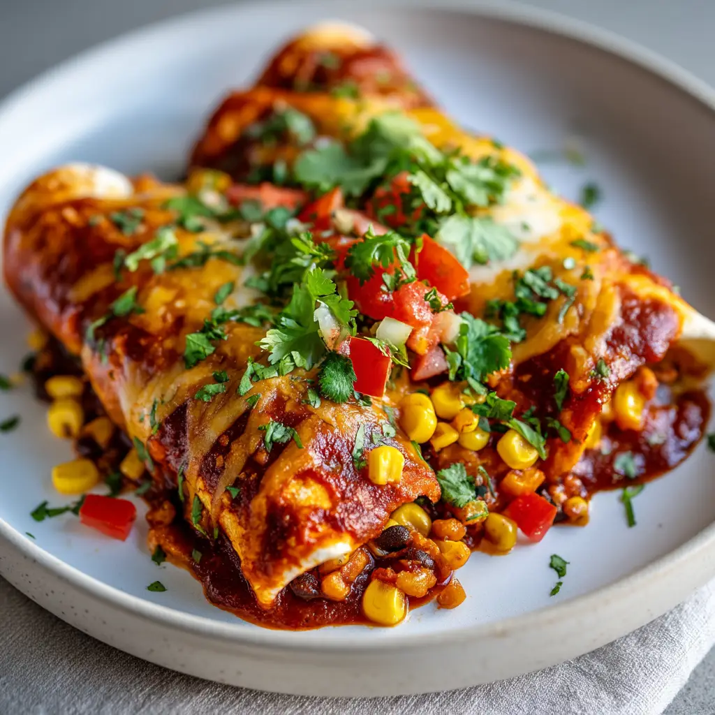 A serving of healthy enchiladas with sweet potato and black beans on a white plate, garnished with cilantro.